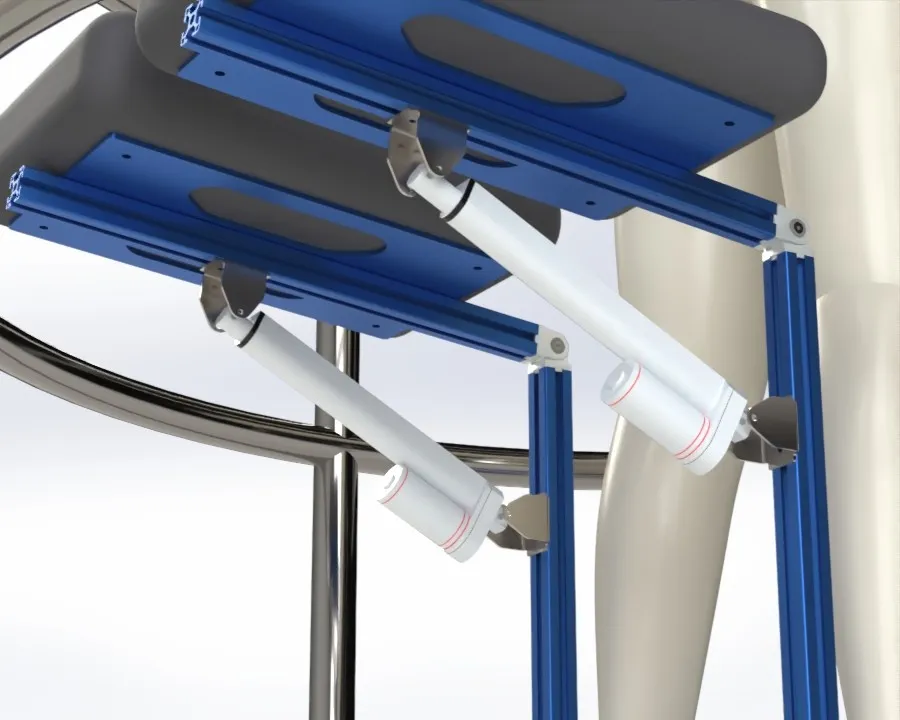 Close render of linear actuators mounted between the seat frame and the leg links