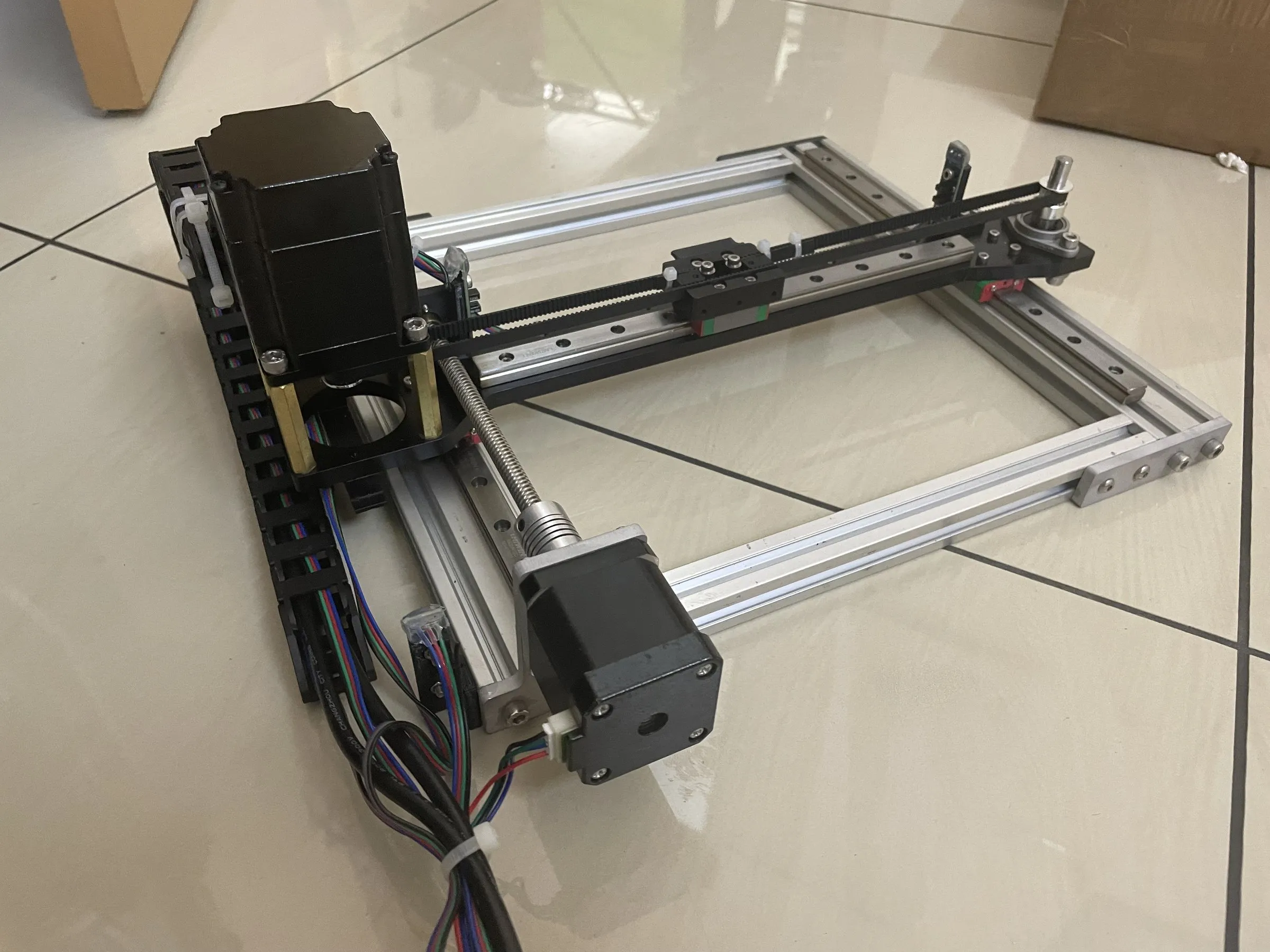 The assembled XY gantry on the floor