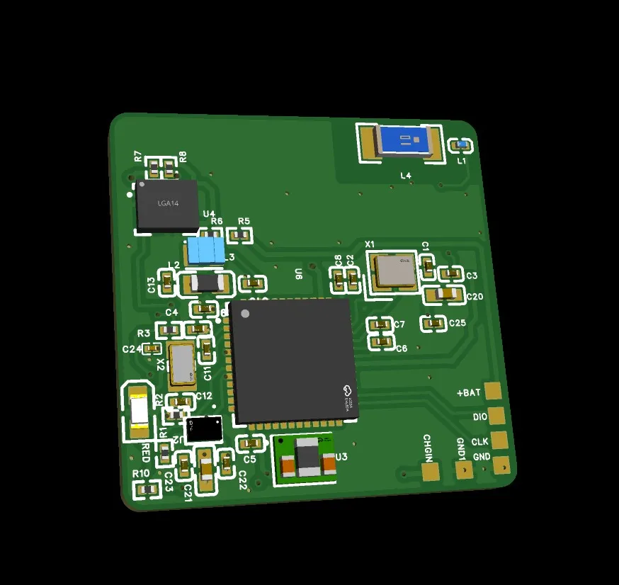 3D view of a small green board with a charging input and debug pads