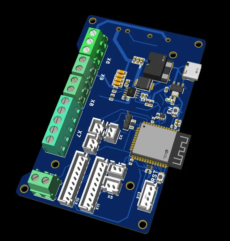 3D view of a blue ESP32 controller board with screw terminals and connectors