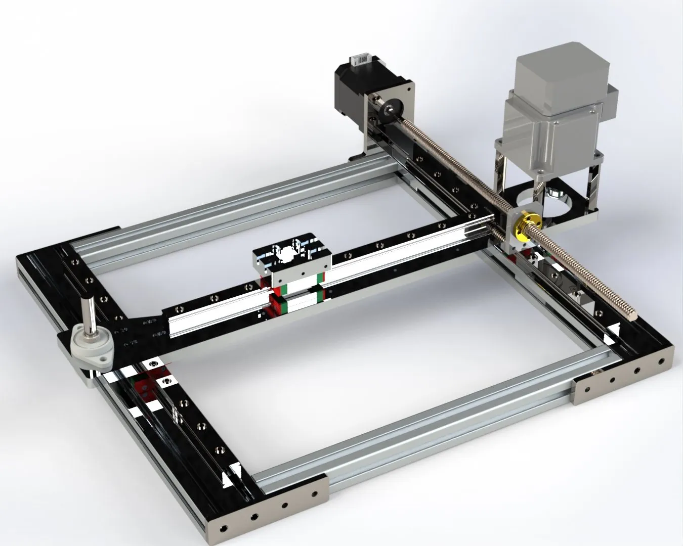 CAD render of the XY gantry with linear rails and stepper motors