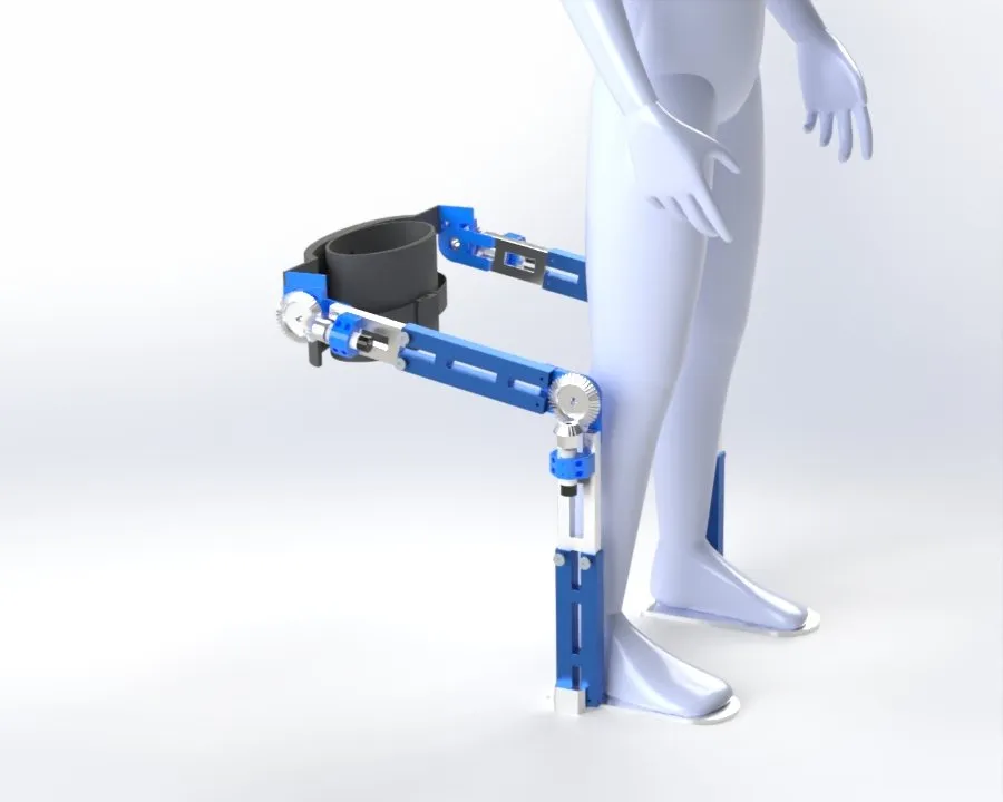 Render of a blue lower-limb exoskeleton fitted to a mannequin leg