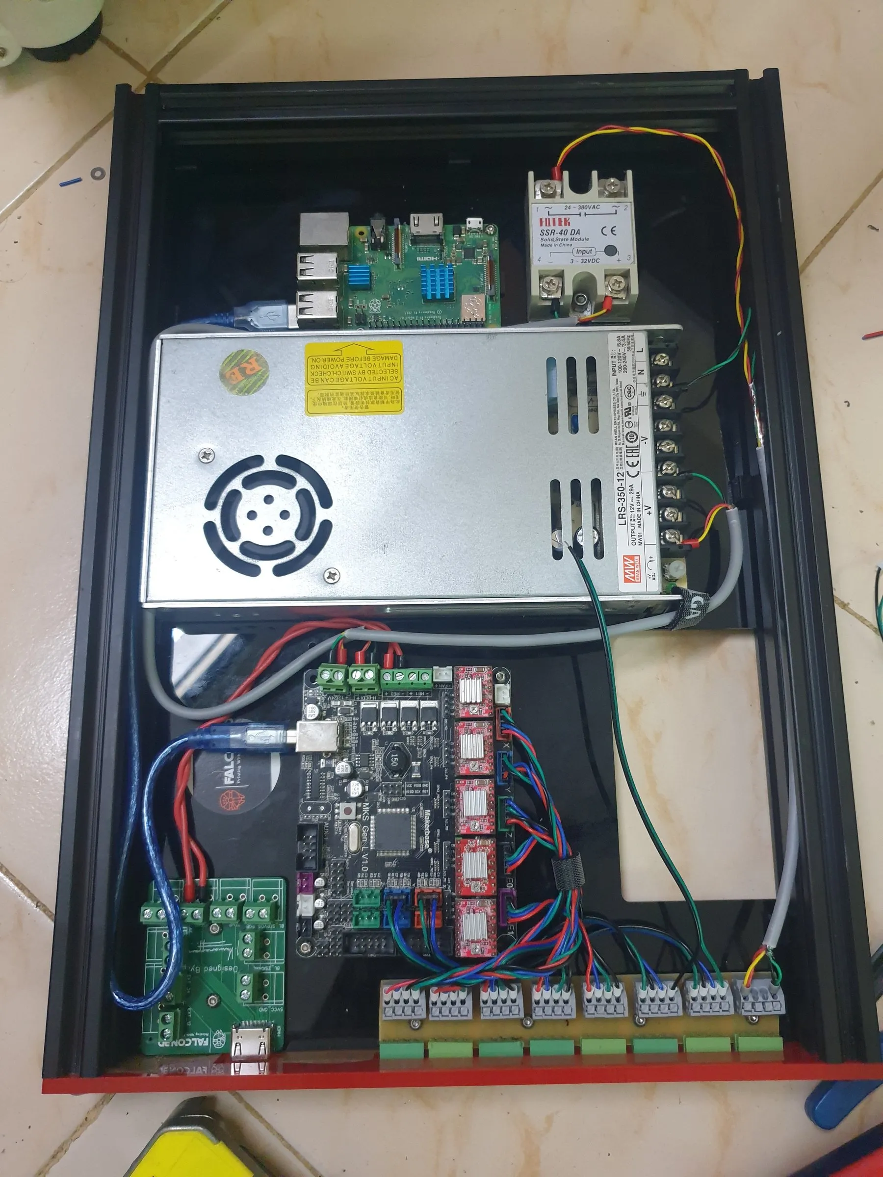 Printer electronics bay with power supply, controller boards and Raspberry Pi