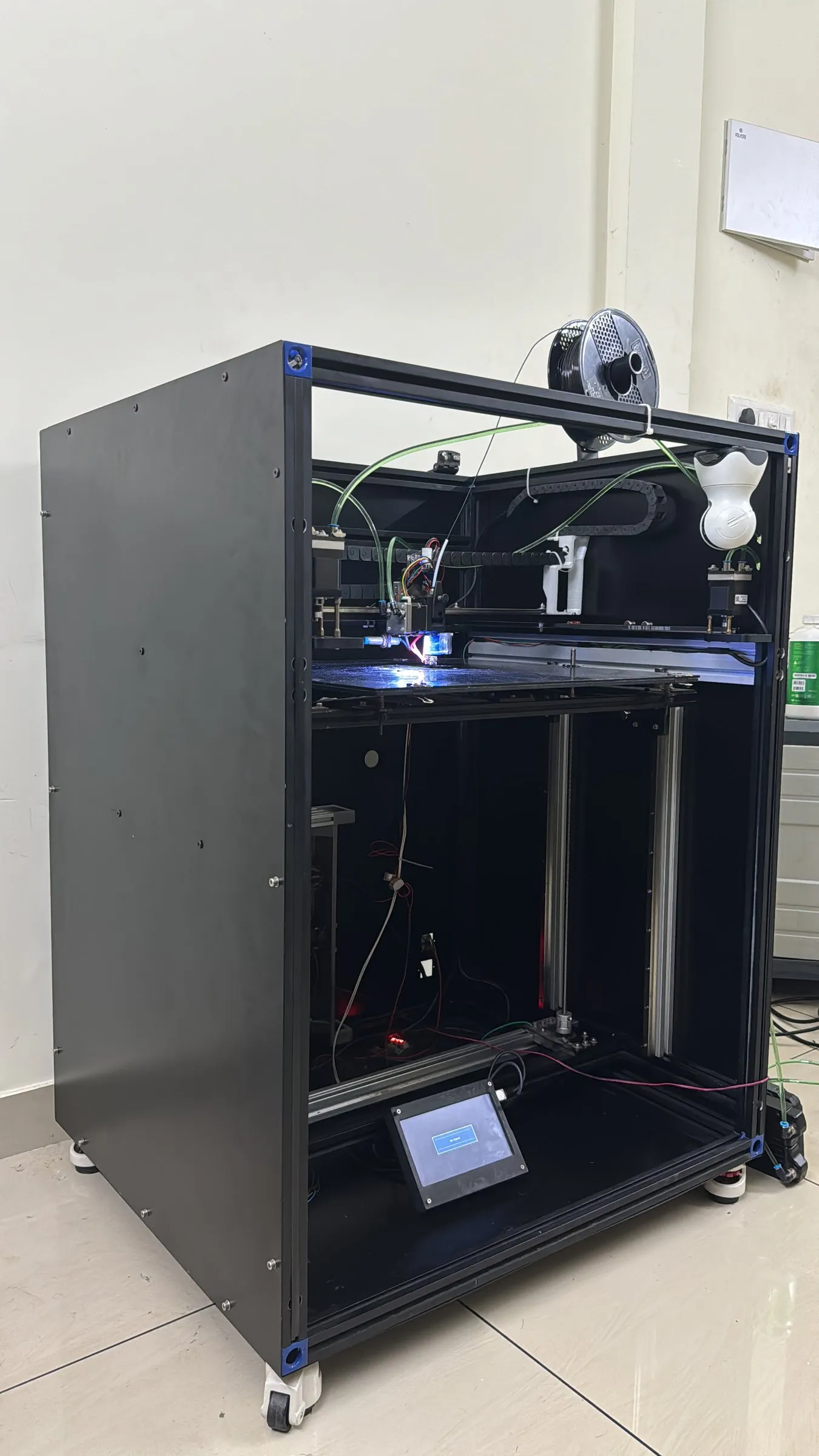 Black enclosed printer with a touchscreen