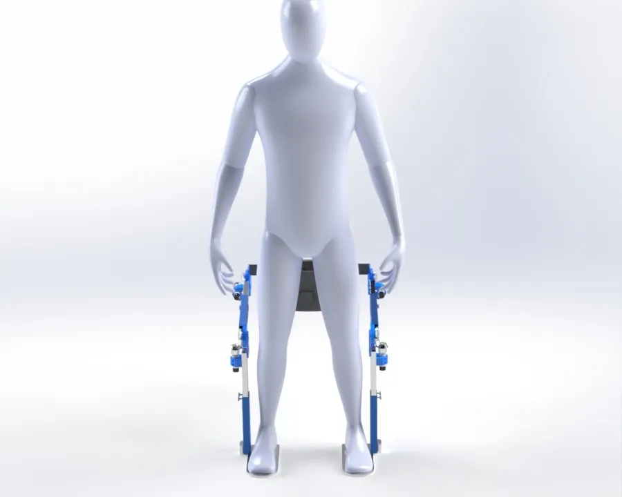Front render of the exoskeleton fitted to both legs of a mannequin