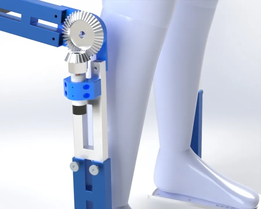 Close render of a bevel-gear joint on the blue exoskeleton link