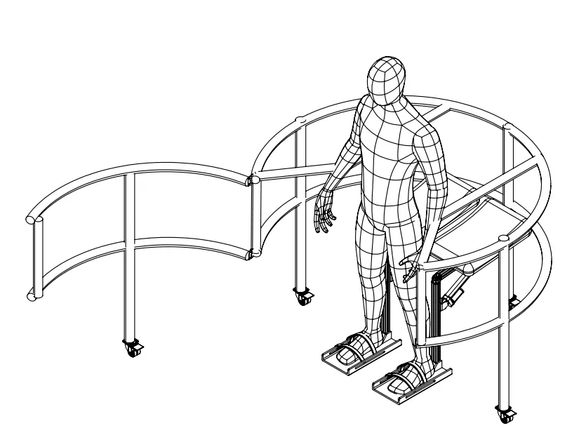Line drawing of the support frame and exoskeleton with a figure standing inside