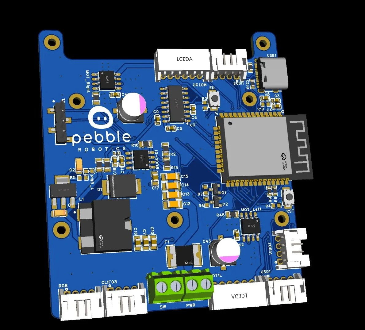 3D view of Pebble's blue main board with an ESP32 module