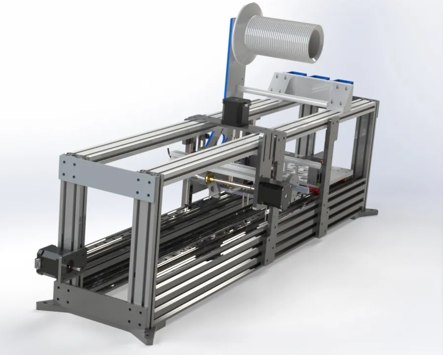 CAD render of the machine frame, gantry and foil roll