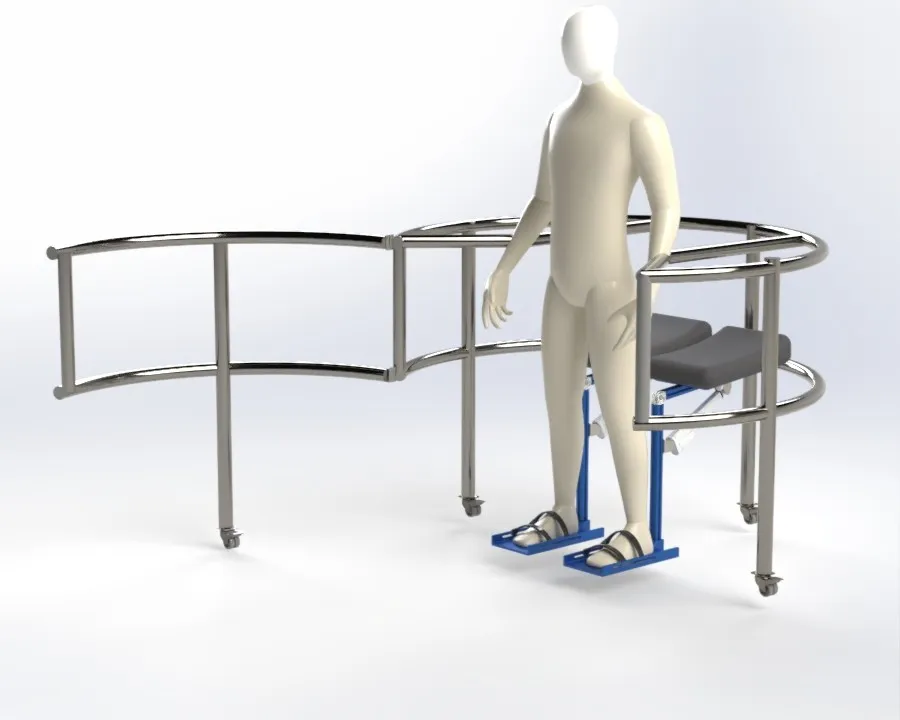 Render of the exoskeleton inside a wheeled support frame with a seat and handrails